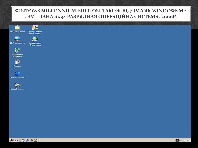 Windows Millennium Edition, також відома як Windows ME - змішана 16/32-разрядная операційна система. 2000р.